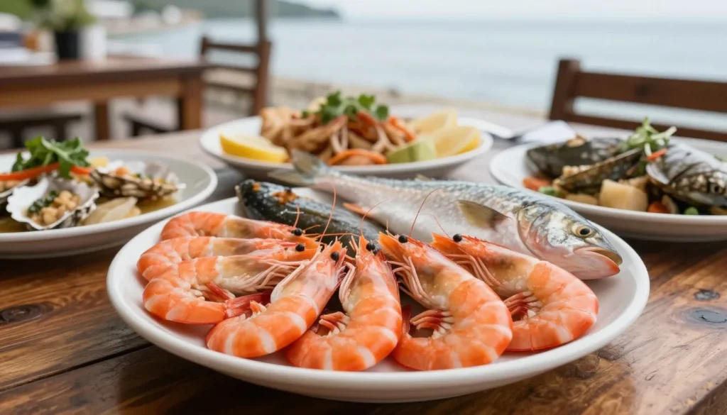 Fresh seafood platter at coastal restaurant with waterfront views Fresh seafood platter at coastal restaurant with waterfront views