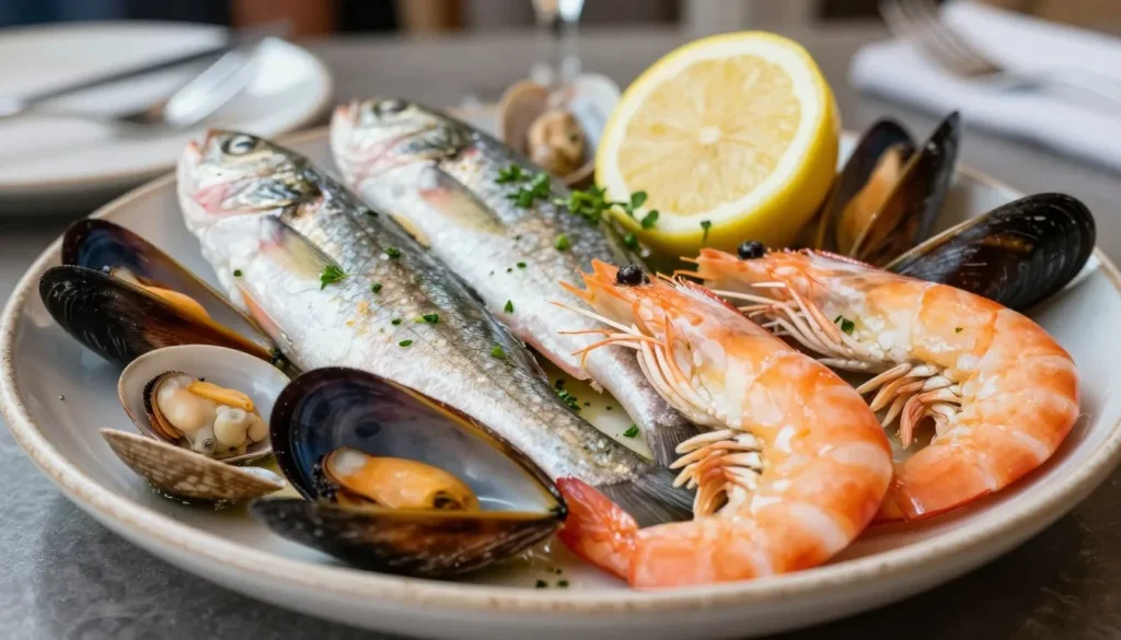 Fresh seafood platter with local Adriatic fish, shellfish, and traditional Italian preparation on restaurant table