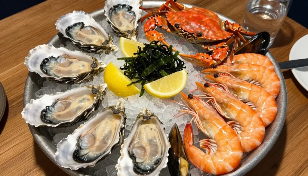 Fresh seafood platter with oysters, crab, and prawns on ice with lemon garnish