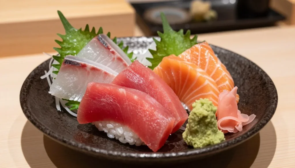 Fresh sushi platter with various nigiri and sashimi pieces