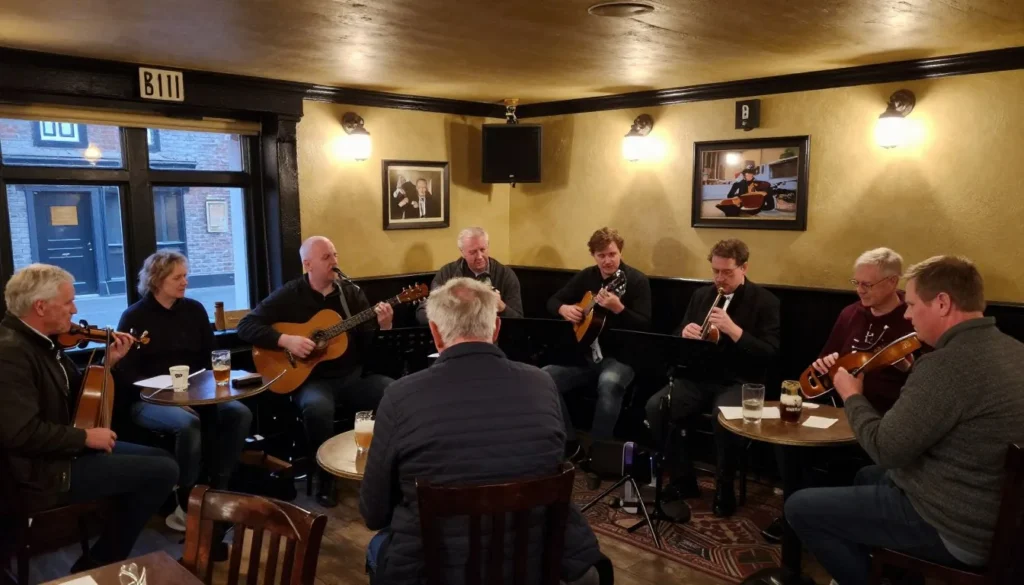 Friendly Irish pub interior in Waterford with diverse patrons enjoying traditional music session