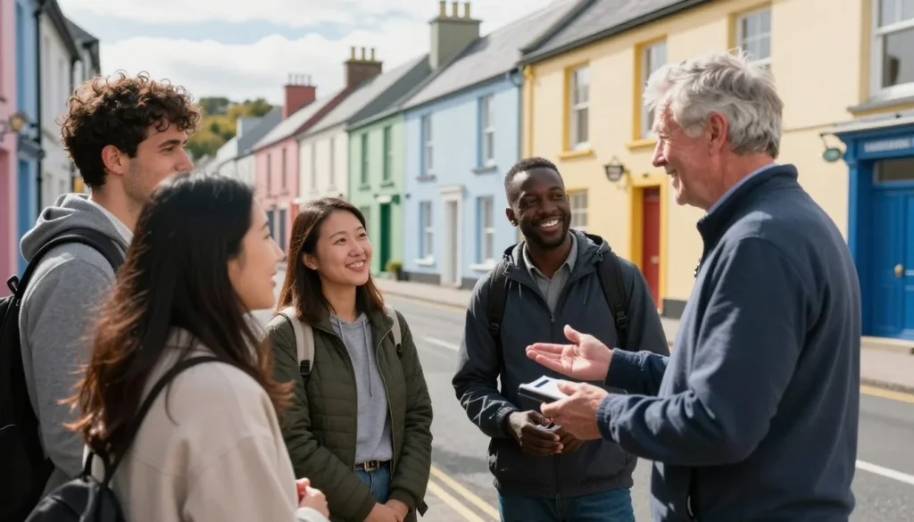 Friendly interaction between local Irish person and diverse tourists on Kinsale street