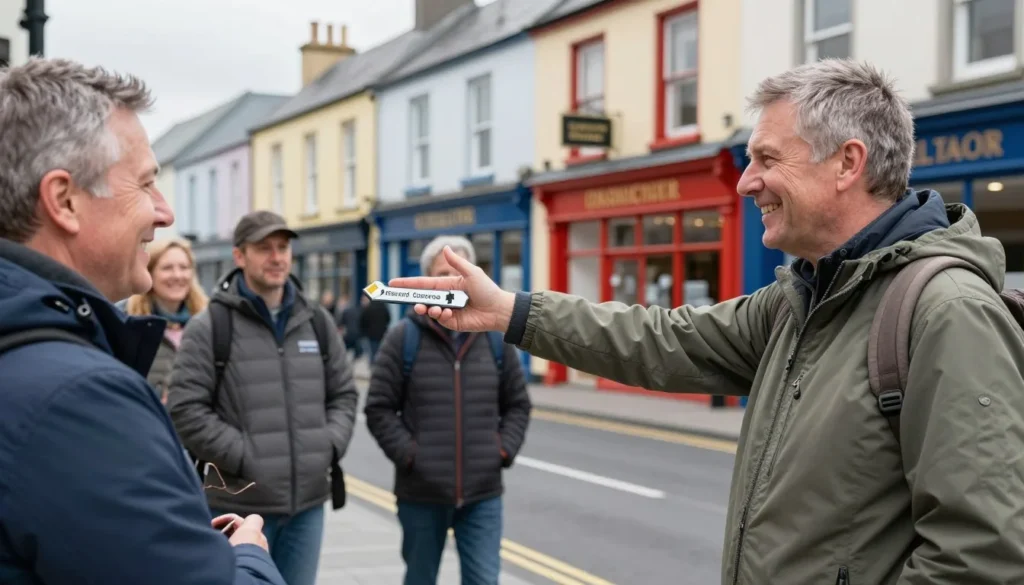 Friendly interaction between locals and tourists on Tralee street Friendly interaction between locals and tourists on Tralee street