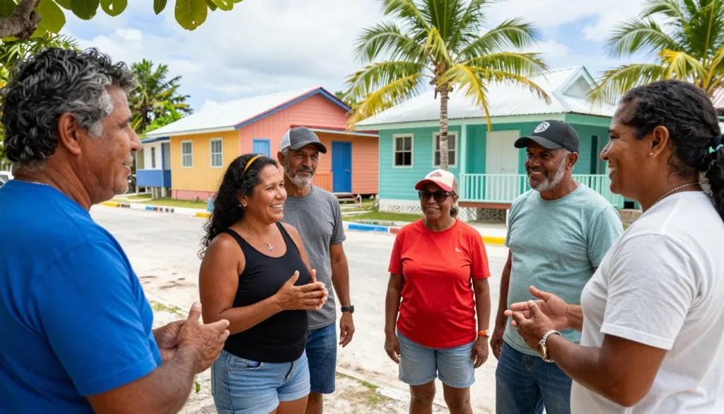 Friendly local Belizean people welcoming tourists in colorful Caribbean village setting