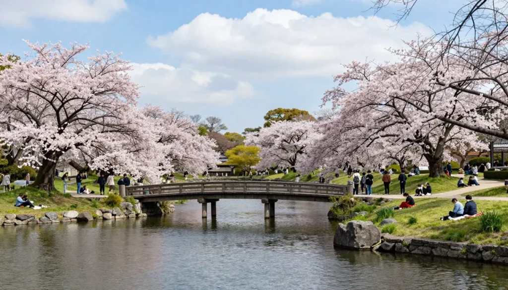 Fukuoka Prefecture Japan travel guide featuring Ohori Park with cherry blossoms and traditional stone bridge Fukuoka Prefecture Japan travel guide featuring Ohori Park with cherry blossoms and traditional stone bridge