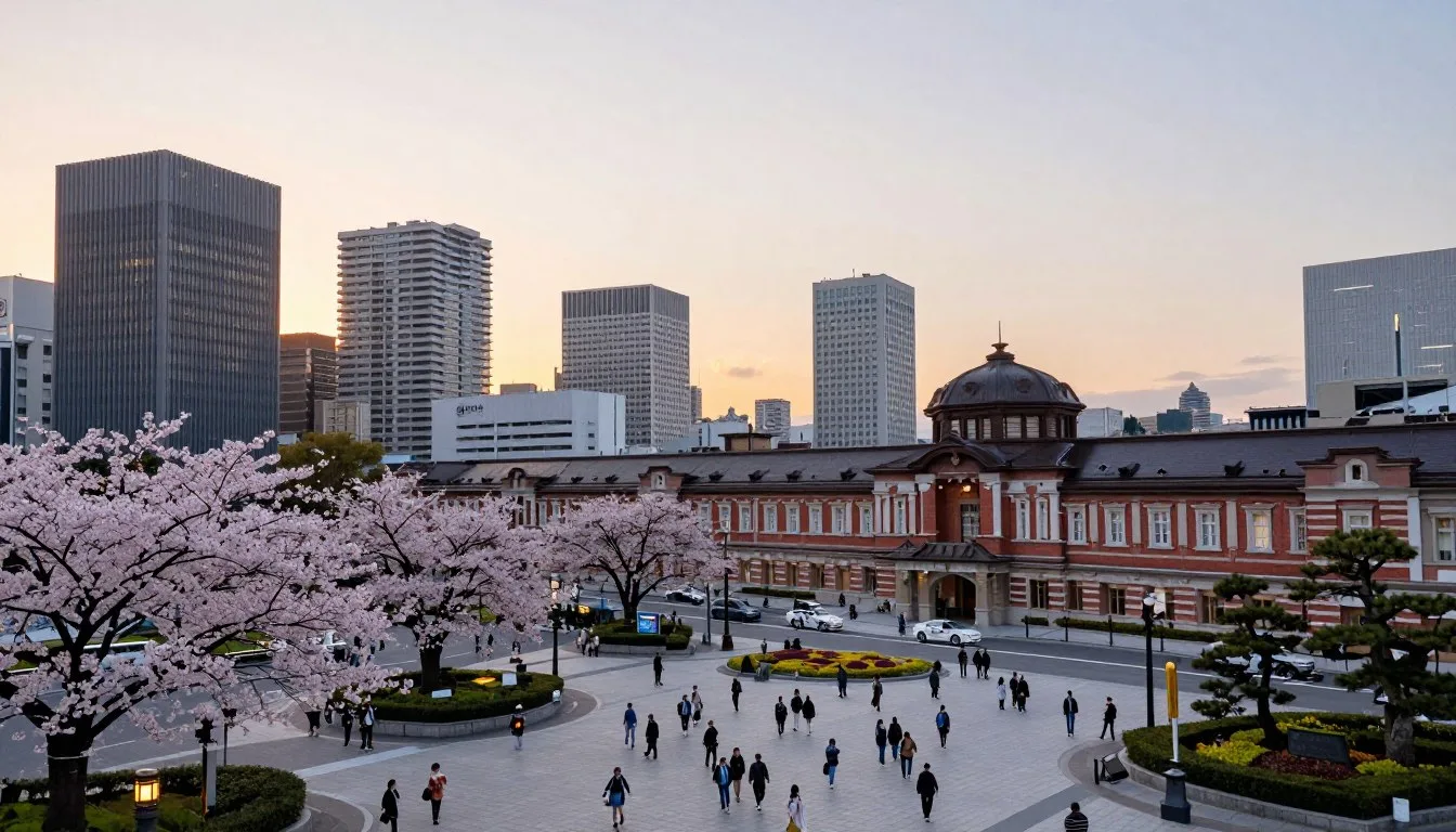 Fukuoka-Prefecture-Japan-travel-guide-showing-Hakata-Station-area-with-modern-buildings-and Fukuoka Prefecture Japan travel guide showing Hakata Station area with modern buildings and traditional shrine architecture