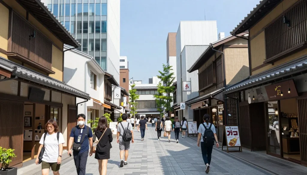 Fukuoka city street view showing mix of modern shopping areas and traditional architecture Fukuoka city street view showing mix of modern shopping areas and traditional architecture