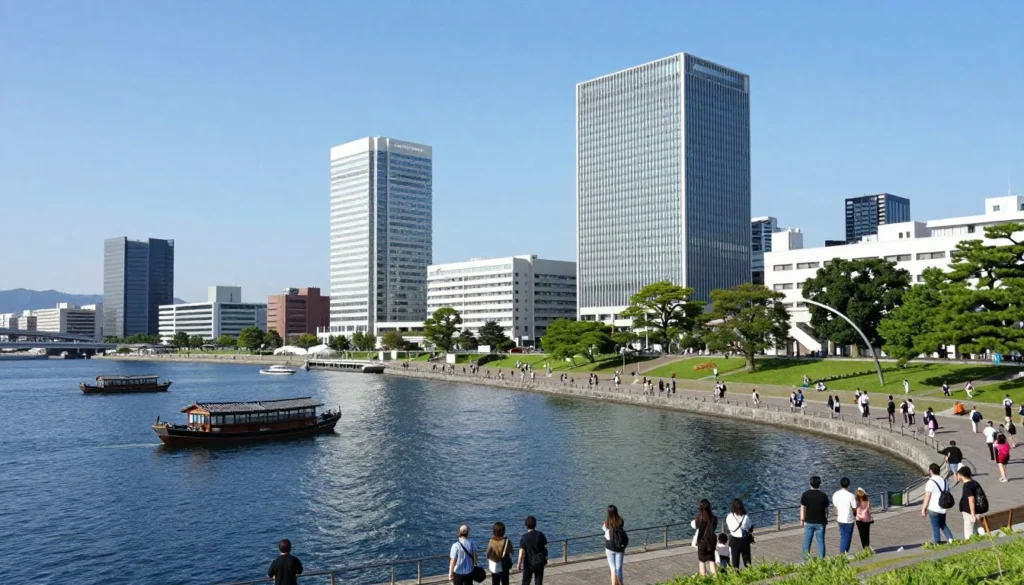 Fukuoka cityscape showing urban waterfront area with boats and modern architecture under blue sky Fukuoka cityscape showing urban waterfront area with boats and modern architecture under blue sky