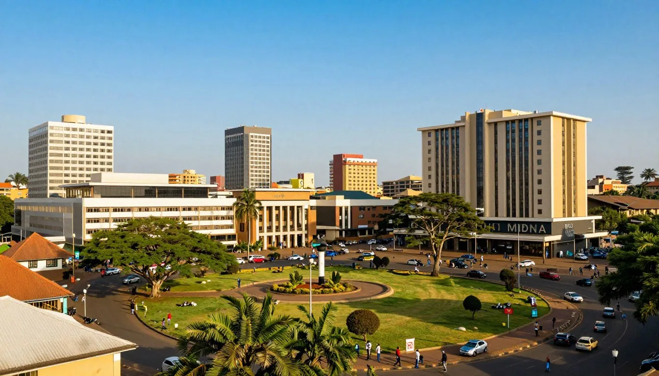 Gaborone Botswana cityscape with modern buildings and traditional architecture under blue sky