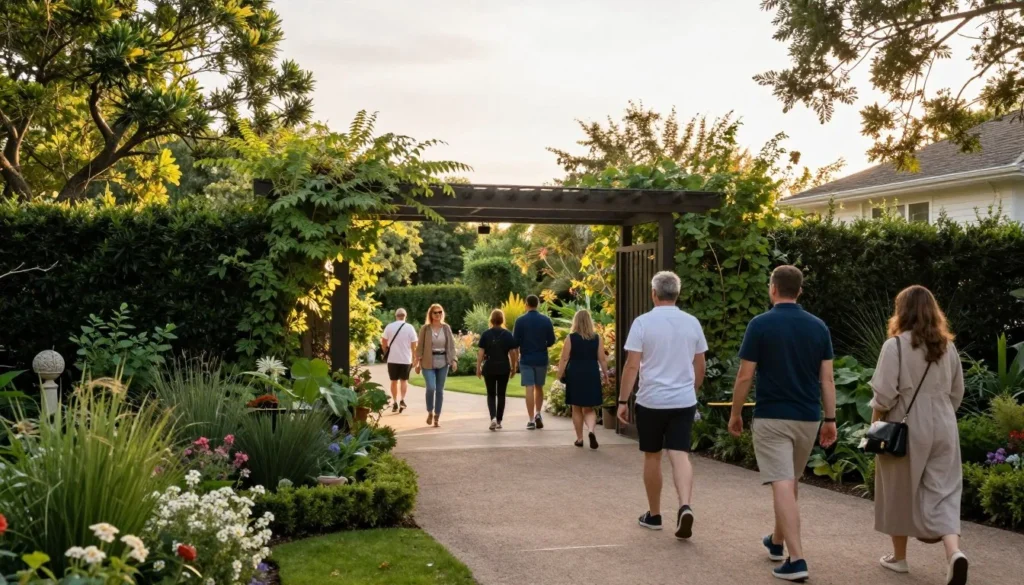 Garden entrance area with visitors during golden hour Garden entrance area with visitors during golden hour
