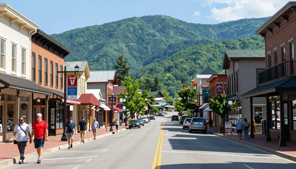 Gatlinburg downtown street view with mountain backdrop Tennessee Gatlinburg downtown street view with mountain backdrop Tennessee