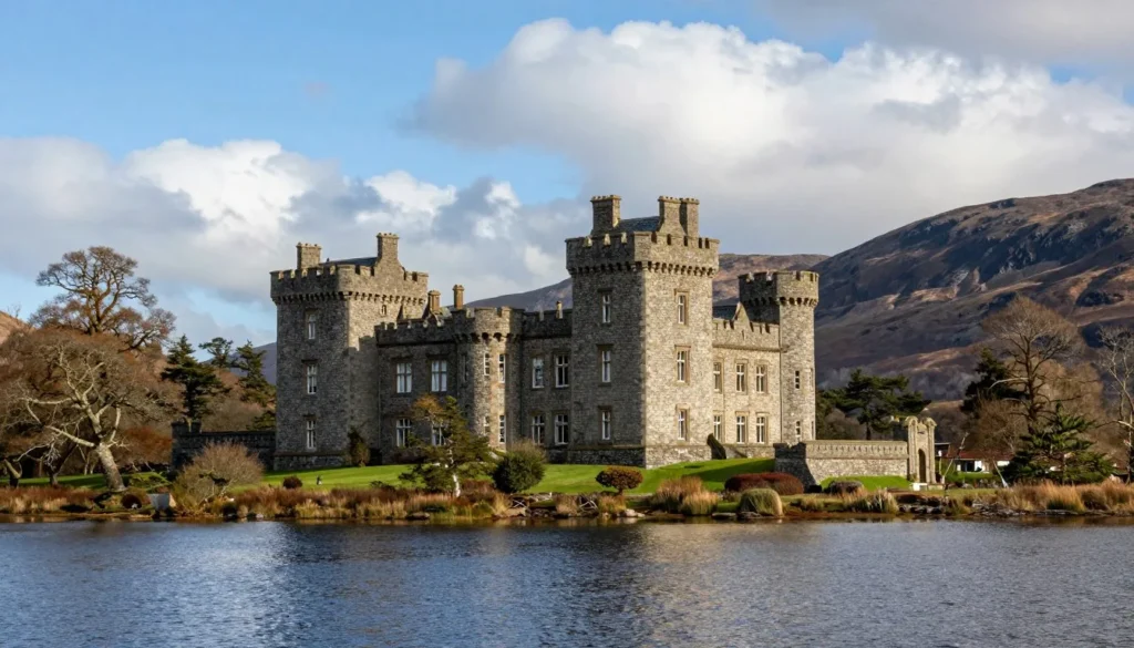 Glenveagh Castle nestled among mountains and woodland beside the lough