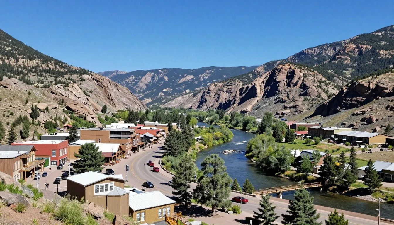 Glenwood Springs downtown nestled in the Rocky Mountain valley with Colorado River flowing through town
