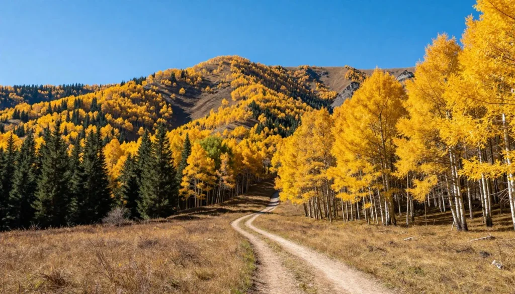 Golden aspen trees in autumn along a mountain trail in the Raft River Mountains Utah Golden aspen trees in autumn along a mountain trail in the Raft River Mountains Utah
