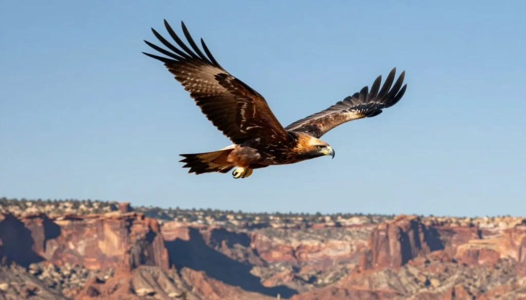 Golden eagle soaring over canyon landscape in tribal park Golden eagle soaring over canyon landscape in tribal park