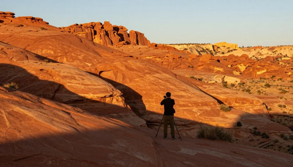 Golden hour light on red rock formations