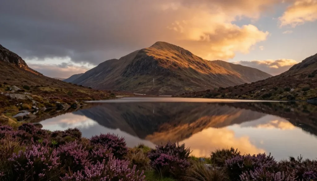 Golden hour photography scene at Glenveagh with mountains and lough