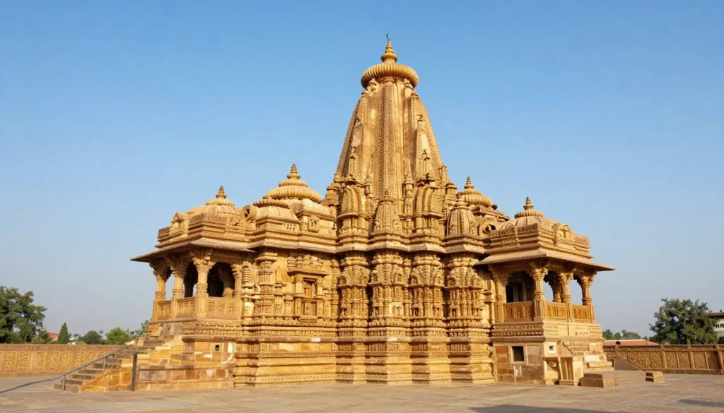 Golden sandstone Jain temples of Osian rising from desert landscape under blue sky