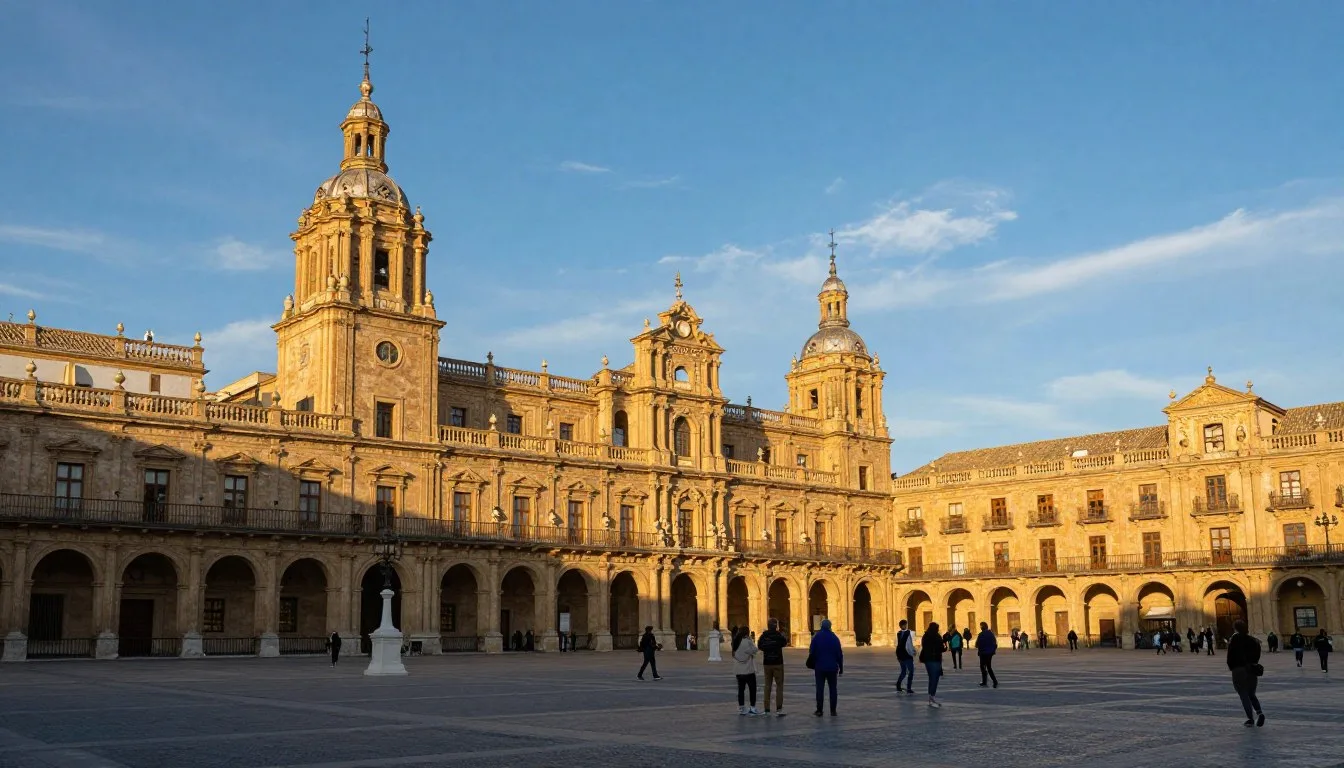 Golden sandstone buildings illuminating Plaza Mayor in Salamanca at sunset