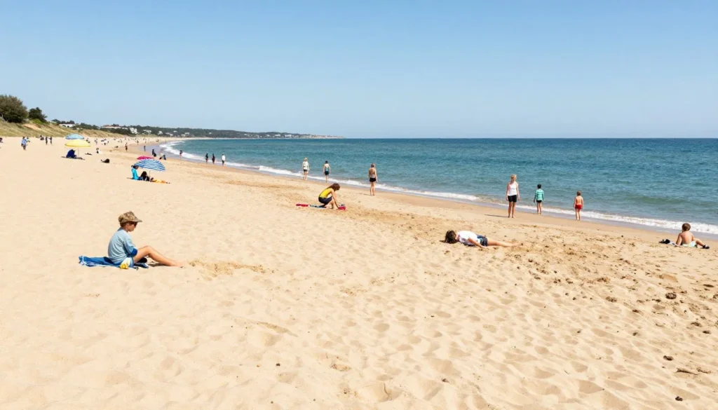 Golden sandy beach along Waterford coast with diverse families enjoying sunny summer day