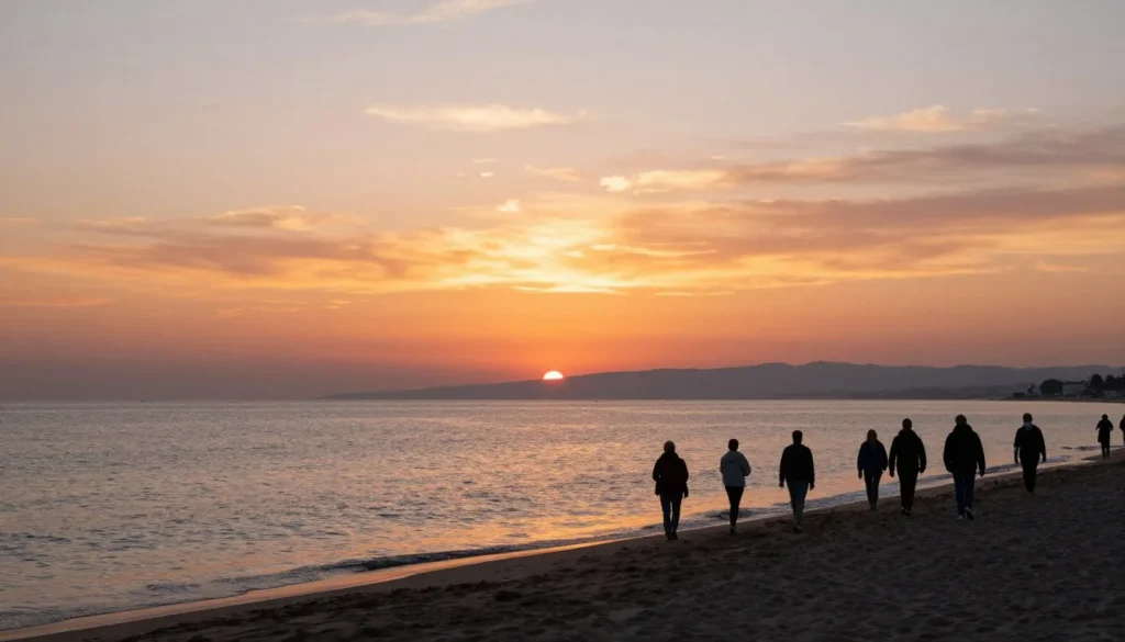 Golden sunset over Cesenatico beach with silhouettes of people walking along the shore and calm sea