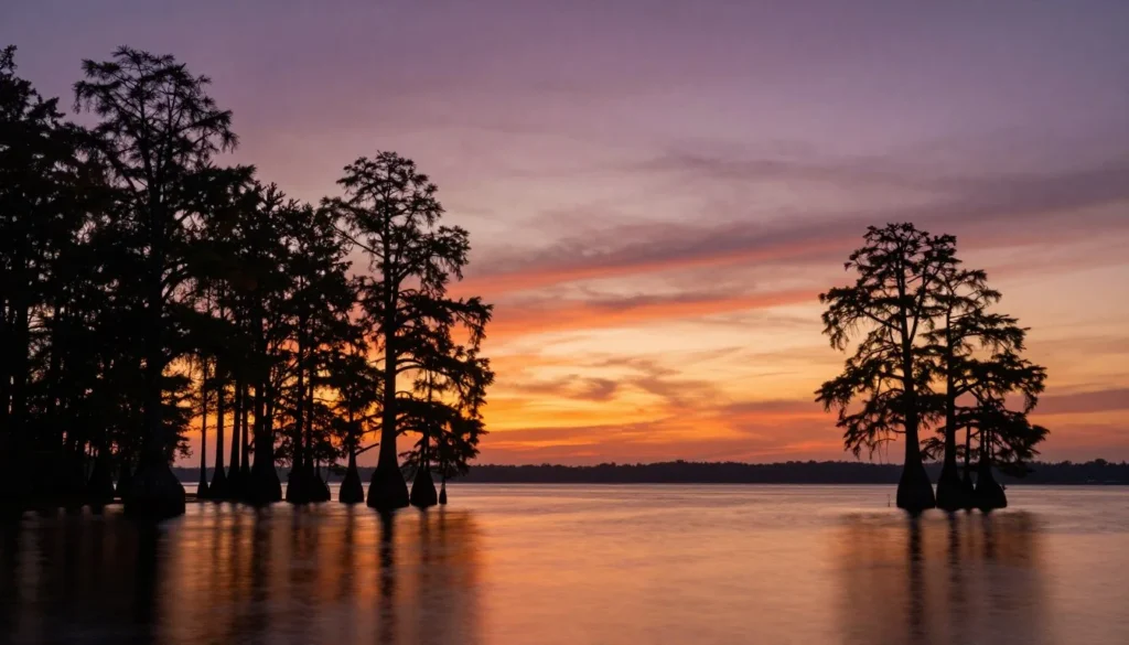 Golden sunset through cypress trees at Goose Creek State Park Golden sunset through cypress trees at Goose Creek State Park