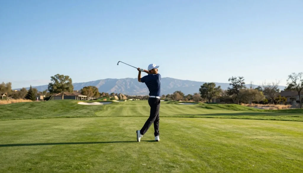 Golfer teeing off at Palisade Golf Course with mountain views in background