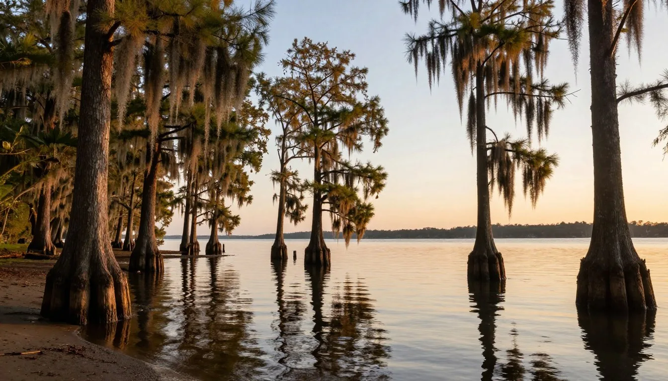 Goose-Creek-State-Park-North-Carolina-scenic-waterfront-view-with-cypress-trees-reflected-in Goose Creek State Park North Carolina scenic waterfront view with cypress trees reflected in calm waters