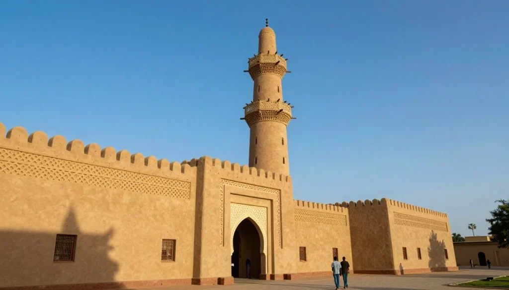 Grand Mosque of Ouagadougou with distinctive Sahelian architectural style and minaret against blue sky Grand Mosque of Ouagadougou with distinctive Sahelian architectural style and minaret against blue sky