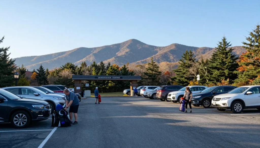 Grandfather Mountain State Park entrance area with visitors arriving at trailhead parking area surrounded by mountain peaks Grandfather Mountain State Park entrance area with visitors arriving at trailhead parking area surrounded by mountain peaks