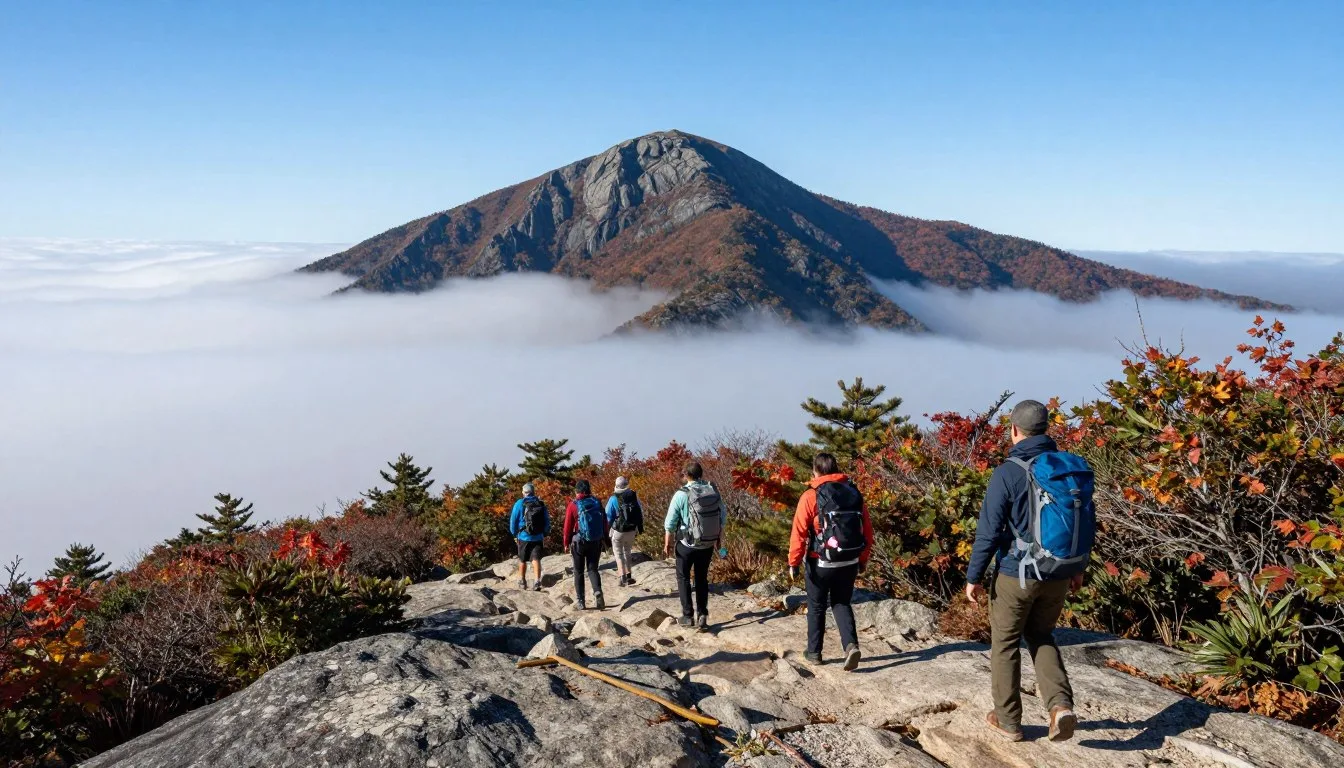 Grandfather Mountain State Park rugged peaks rising above morning clouds with hikers on rocky trail
