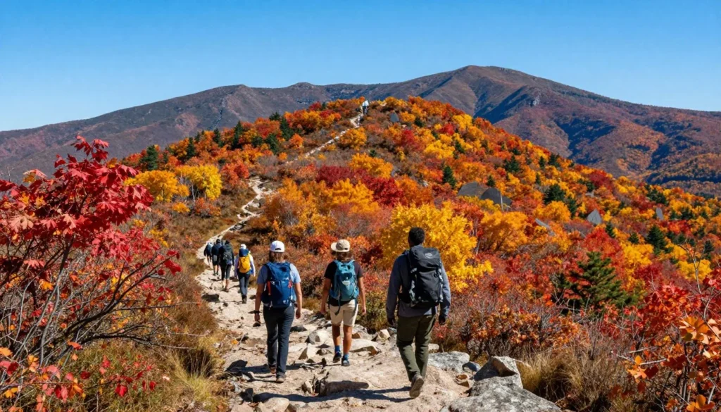 Grandfather Mountain landscape showing fall foliage with hikers on trail Grandfather Mountain landscape showing fall foliage with hikers on trail