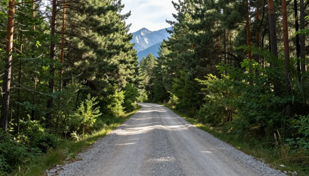 Gravel forest road winding through pine forest in Raft River Mountains Gravel forest road winding through pine forest in Raft River Mountains