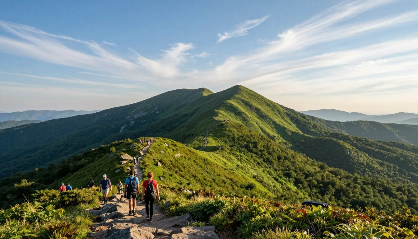 Great Balsam Mountains panoramic view with hikers on trail during golden hour