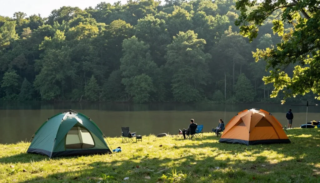 Great Falls Lake Tennessee camping area with tents near water Great Falls Lake Tennessee camping area with tents near water