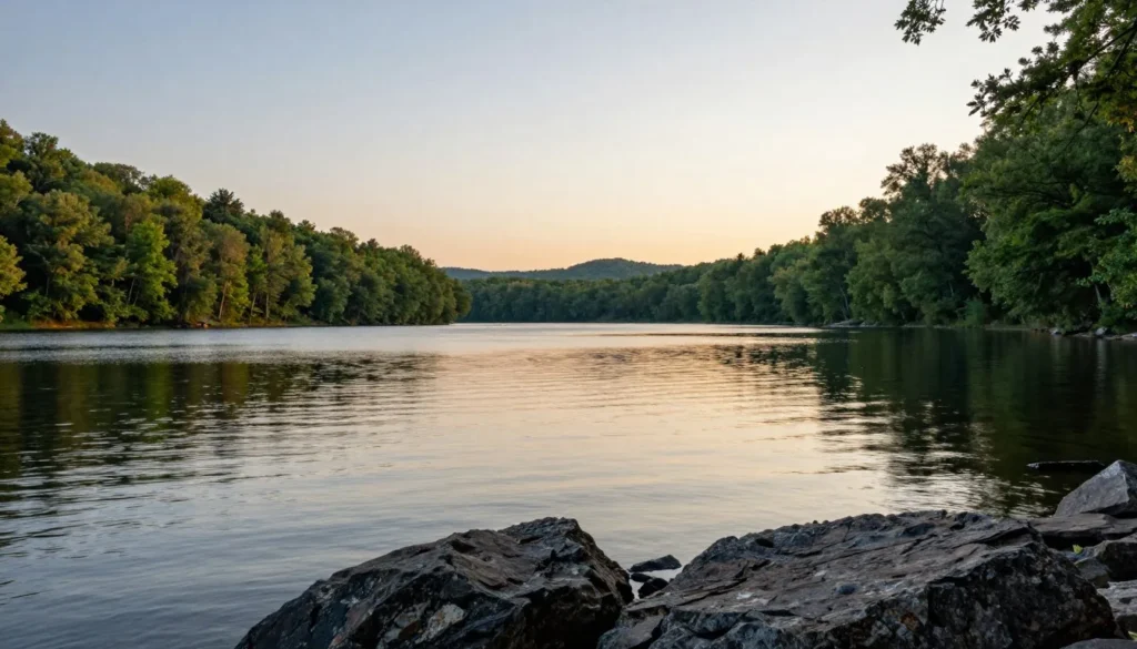 Great Falls Lake Tennessee riverside landscape with forest Great Falls Lake Tennessee riverside landscape with forest