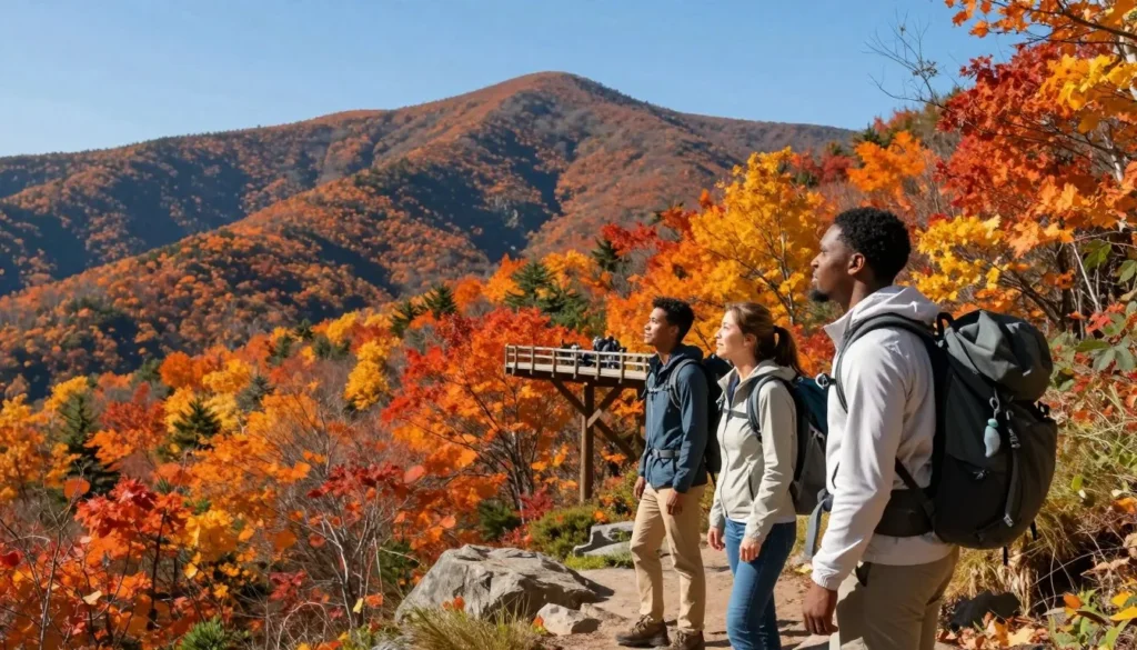 Great Smoky Mountains trail in autumn with diverse group of hikers admiring colorful fall foliage and mountain views Great Smoky Mountains trail in autumn with diverse group of hikers admiring colorful fall foliage and mountain views