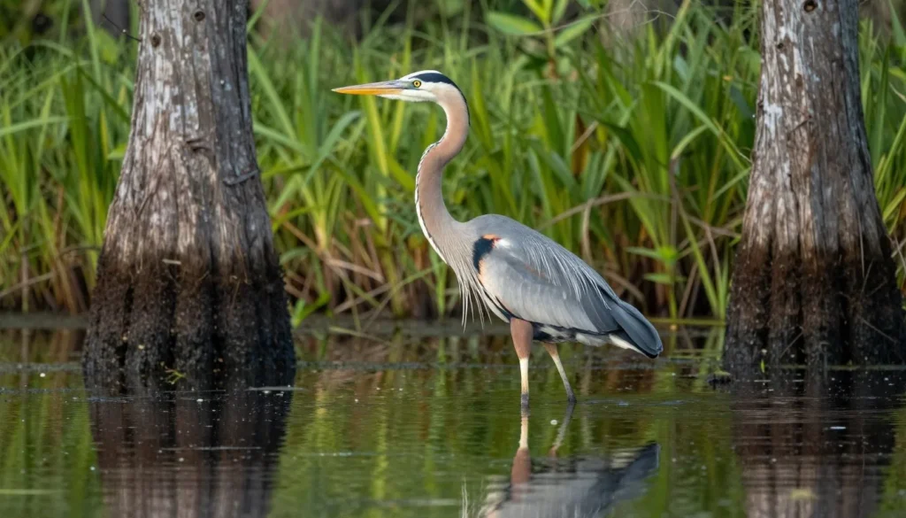 Great blue heron standing in Dismal Swamp wetland waters hunting for fish Great blue heron standing in Dismal Swamp wetland waters hunting for fish