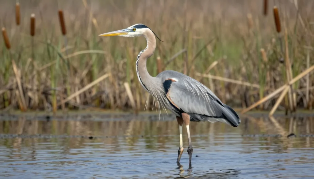 Great blue heron standing in shallow water at St Vrain State Park pond with reeds Great blue heron standing in shallow water at St Vrain State Park pond with reeds