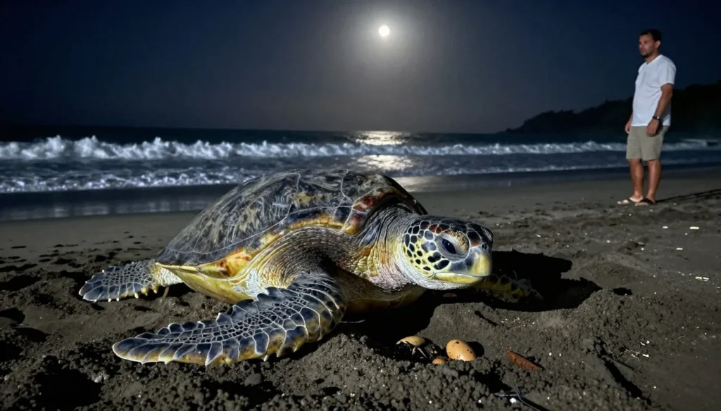 Green sea turtle nesting on Tortuguero beach at night