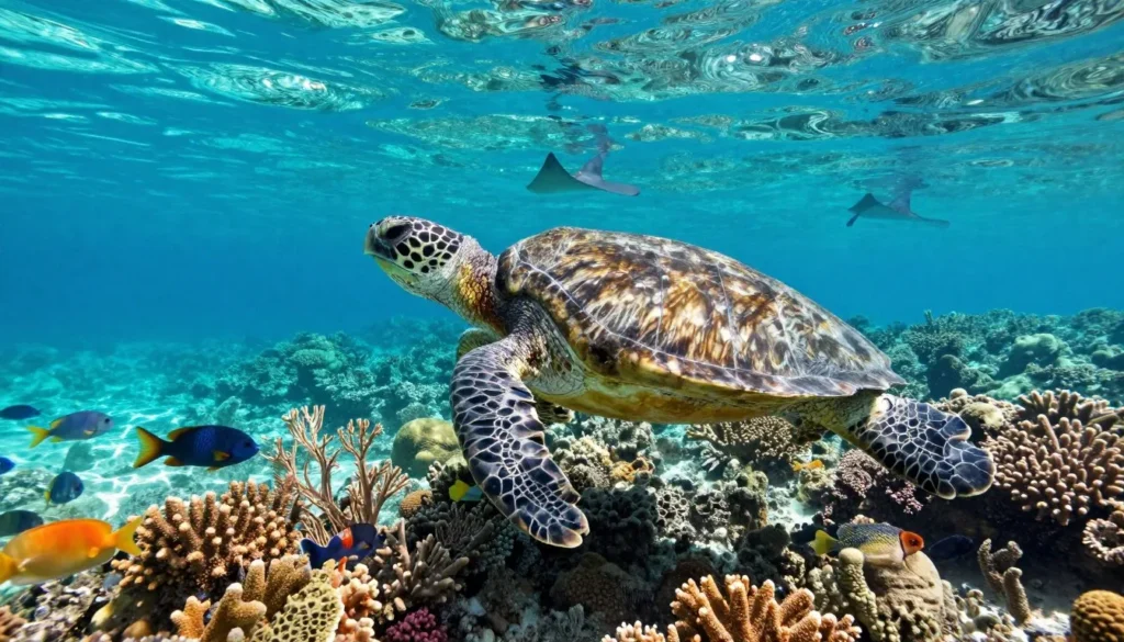 Green sea turtle swimming above coral reef with tropical fish in clear Caribbean waters