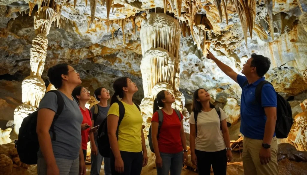 Group of diverse tourists on walking tour inside Cumberland Caverns examining cave formations Group of diverse tourists on walking tour inside Cumberland Caverns examining cave formations