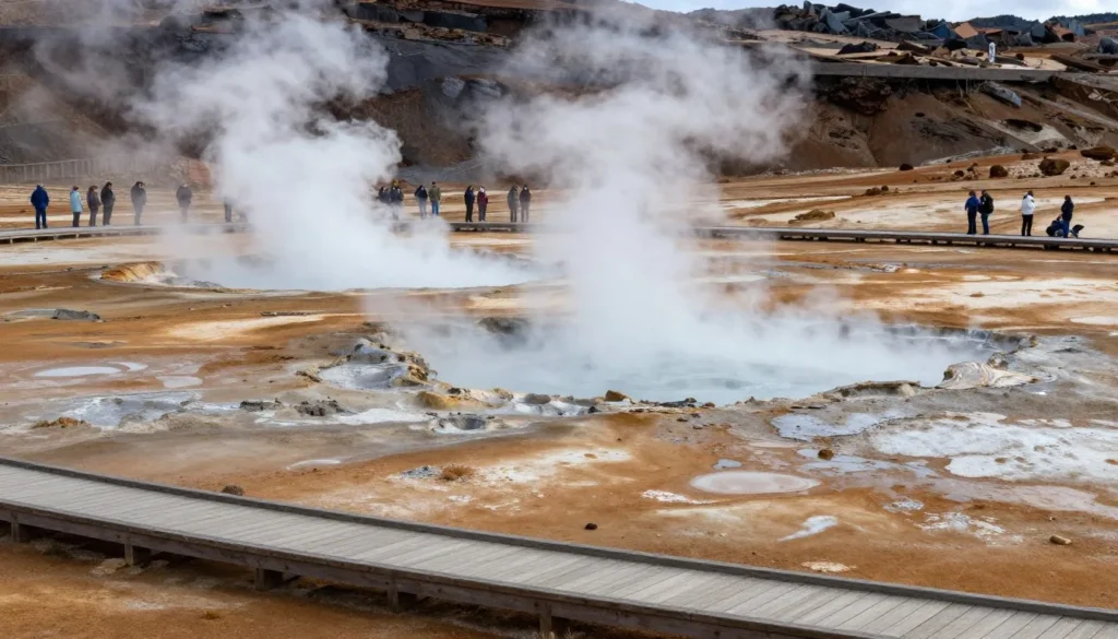 Gunnuhver geothermal area with bubbling mud pools and steam vents