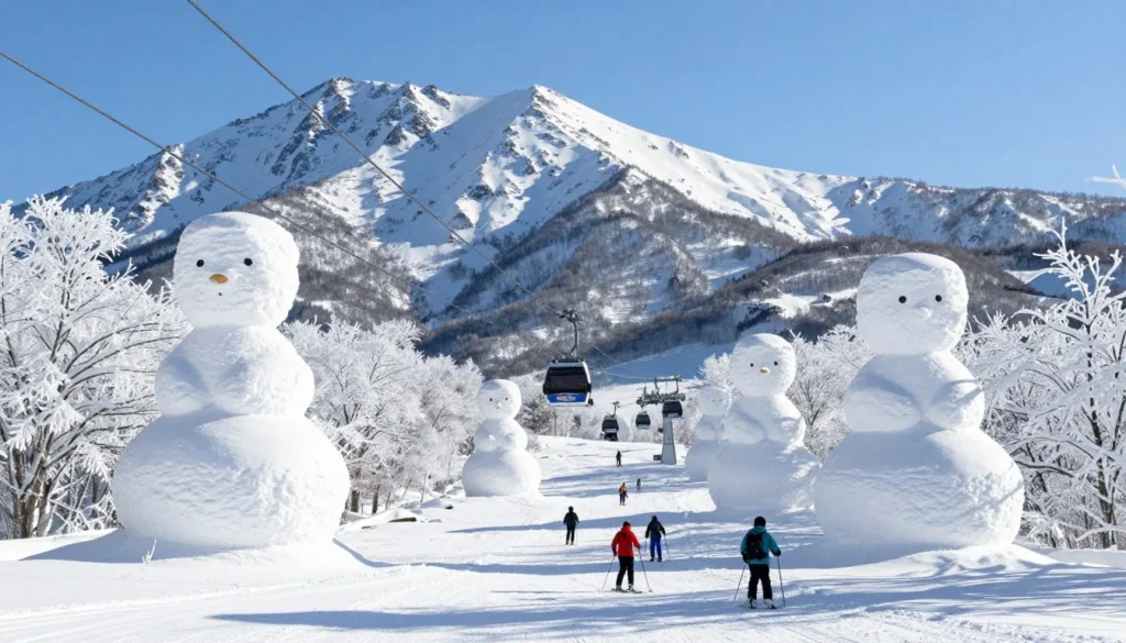 Hakkoda Mountains ropeway cable car ascending snow-covered peaks with snow monsters visible