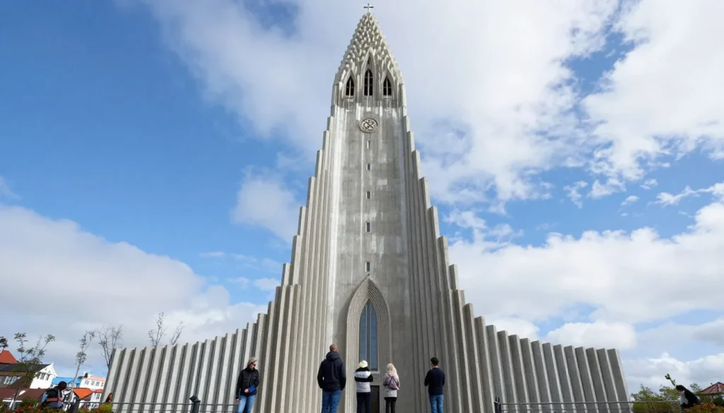Hallgrímskirkja church towering over Reykjavik with visitors on plaza