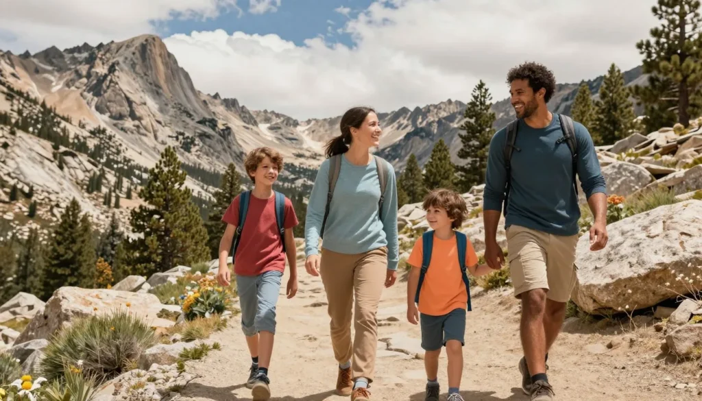 Happy diverse family hiking on sunny Sierra Nevada trail with granite peaks and blue sky above Happy diverse family hiking on sunny Sierra Nevada trail with granite peaks and blue sky above