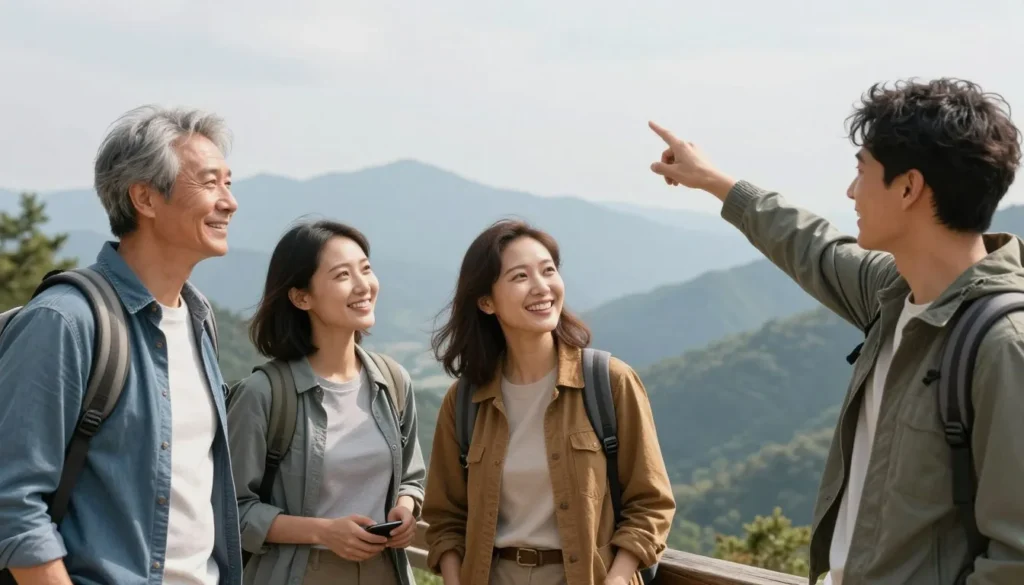 Happy diverse group of visitors at Doe Mountain overlook