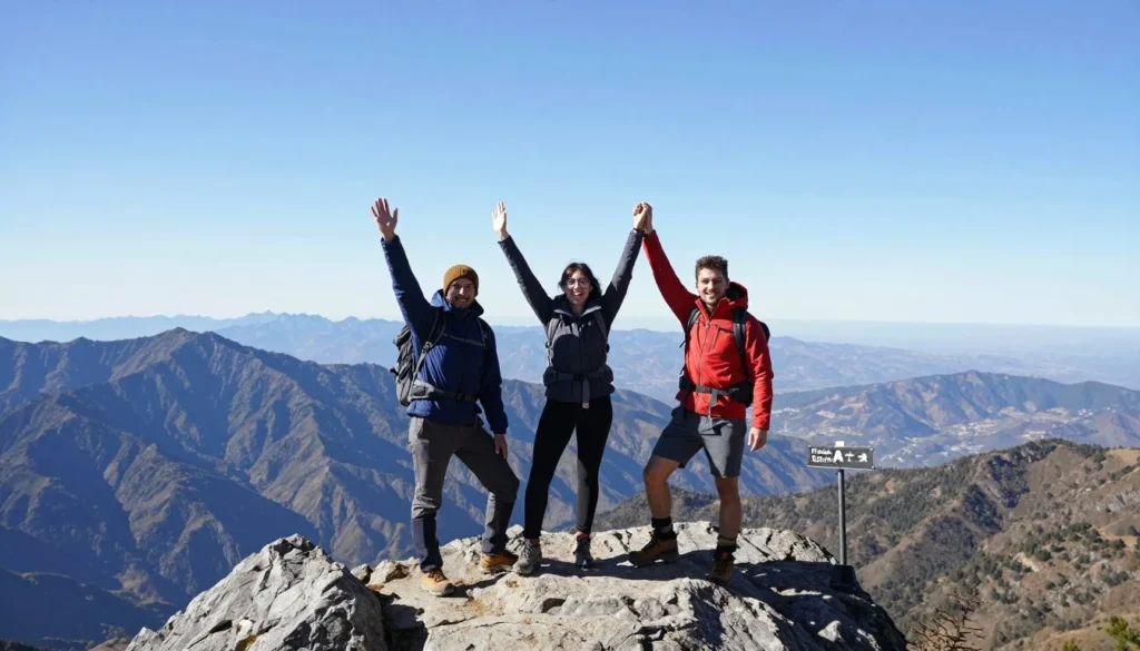 Happy diverse hikers at Mount Nebo summit celebrating achievement