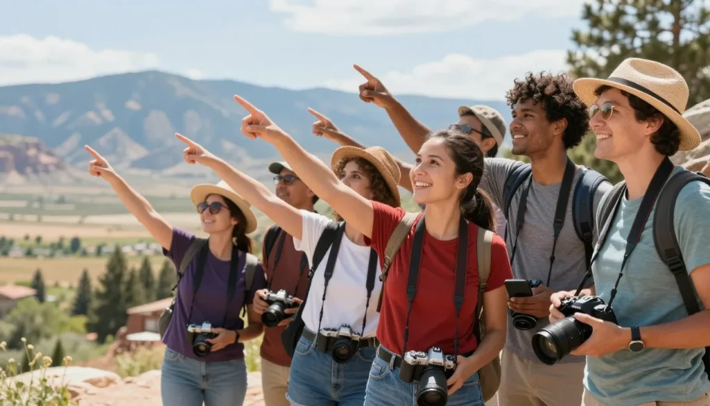 Happy diverse tourists enjoying scenic view in Midway