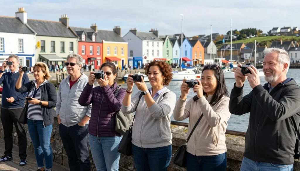 Happy diverse tourists enjoying their time in Kinsale harbor area